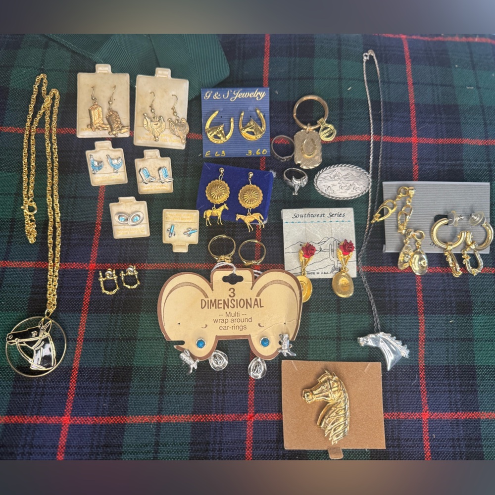 Mixed Vintage Cowboy Western Gold & Silver Tone Jewelry Lot - Blue Accents